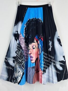 Artsy Pleated Midi Skirt Graphic Face Print Statement Skirt Abstract Sz M Art